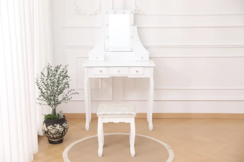 Toaletka kosmetyczna DT02 LED z lustrem, 5 szufladami i taboretem biała