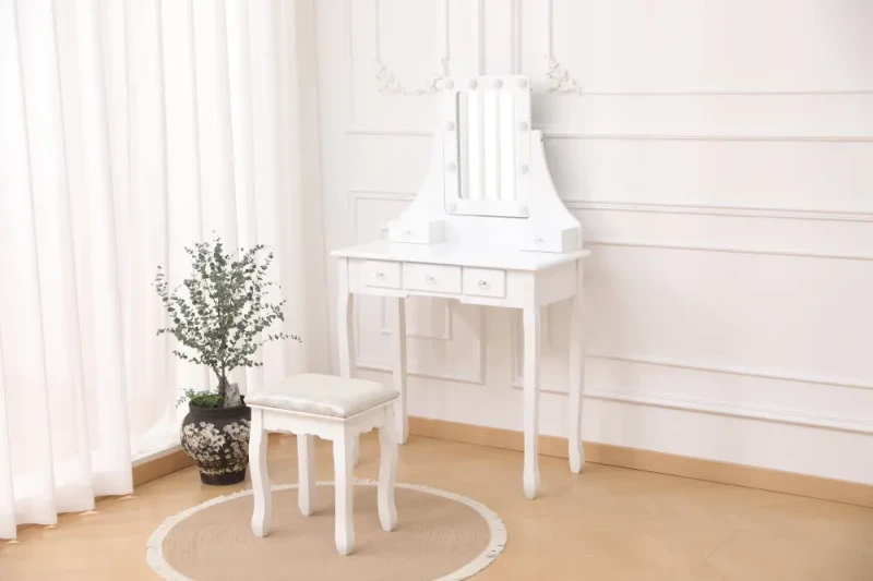 Toaletka kosmetyczna DT02 LED z lustrem, 5 szufladami i taboretem biała