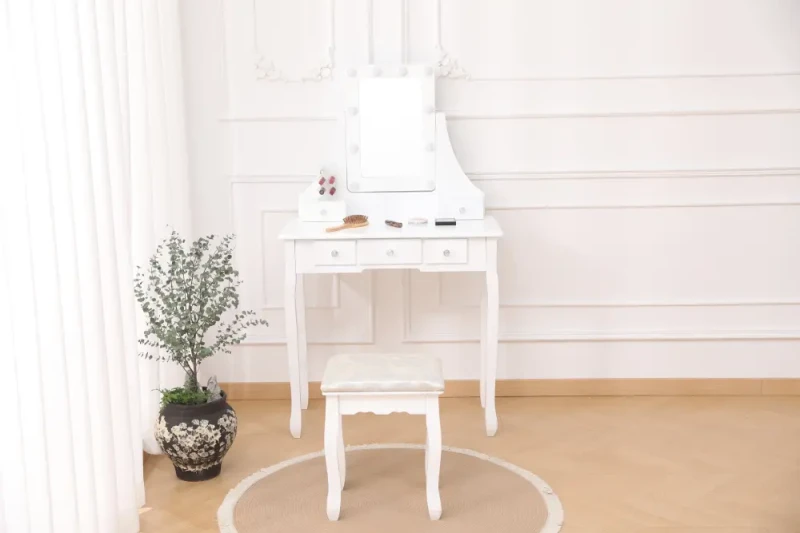 Toaletka kosmetyczna DT02 LED z lustrem, 5 szufladami i taboretem biała