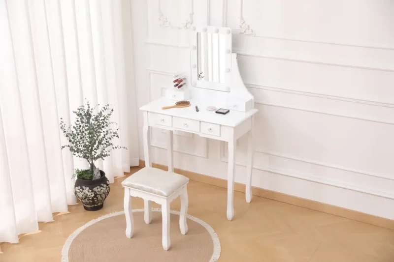 Toaletka kosmetyczna DT02 LED z lustrem, 5 szufladami i taboretem biała