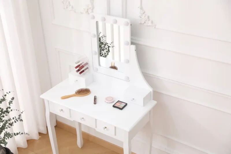 Toaletka kosmetyczna DT02 LED z lustrem, 5 szufladami i taboretem biała