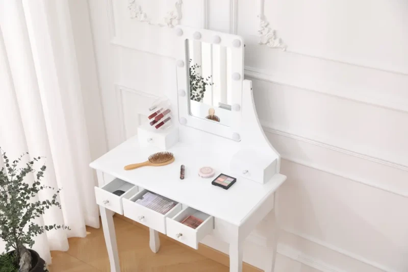 Toaletka kosmetyczna DT02 LED z lustrem, 5 szufladami i taboretem biała