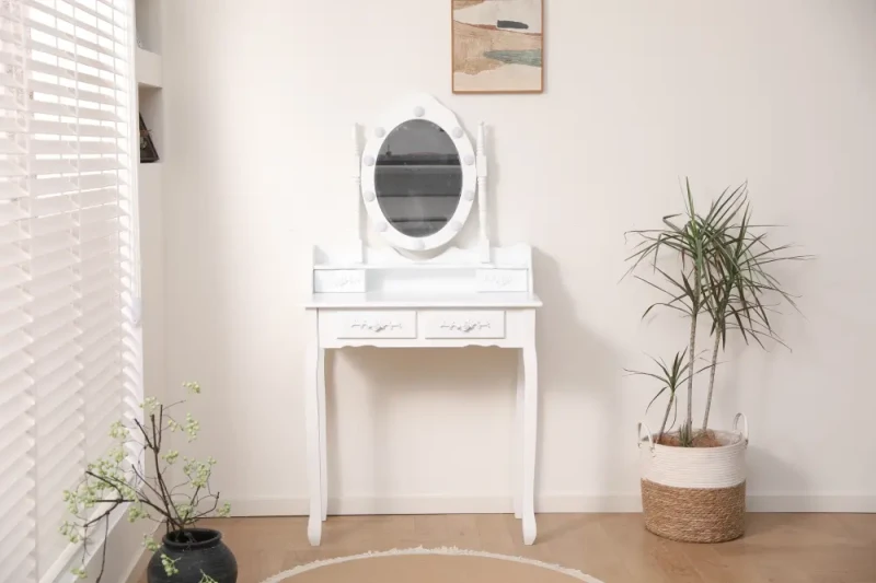 Toaletka DT03 LED z lustrem, 2 szufladami i taboretem biała