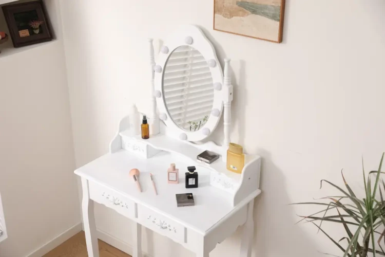 Toaletka DT03 LED z lustrem, 2 szufladami i taboretem biała