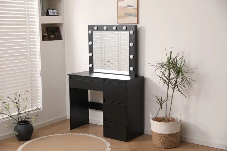 Toaletka kosmetyczna DT06 z oświetleniem LED, dużym lustrem i 4 szufladami czarna