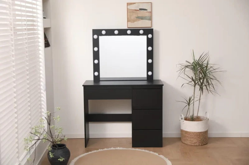 Toaletka kosmetyczna DT06 z oświetleniem LED, dużym lustrem i 4 szufladami czarna