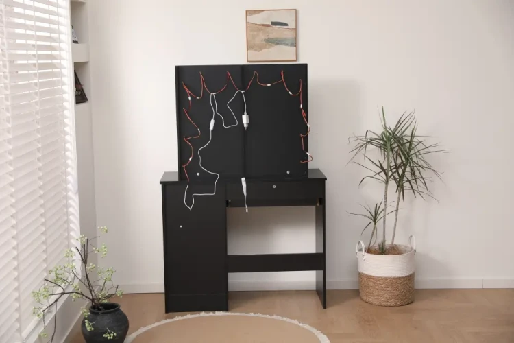 Toaletka kosmetyczna DT06 z oświetleniem LED, dużym lustrem i 4 szufladami czarna