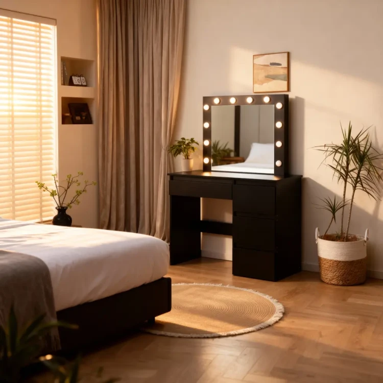Toaletka kosmetyczna DT06 z oświetleniem LED, dużym lustrem i 4 szufladami czarna