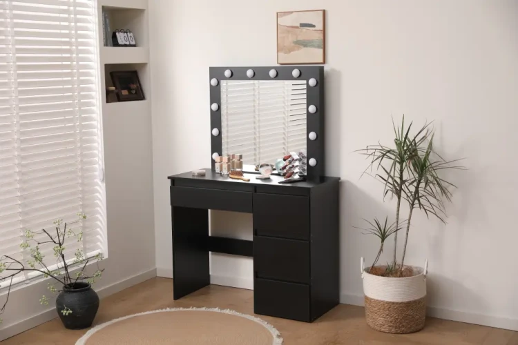 Toaletka kosmetyczna DT06 z oświetleniem LED, dużym lustrem i 4 szufladami czarna