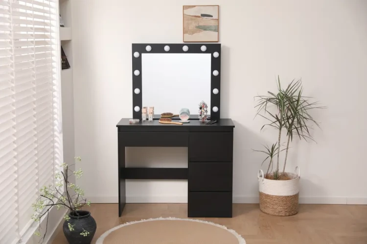 Toaletka kosmetyczna DT06 z oświetleniem LED, dużym lustrem i 4 szufladami czarna