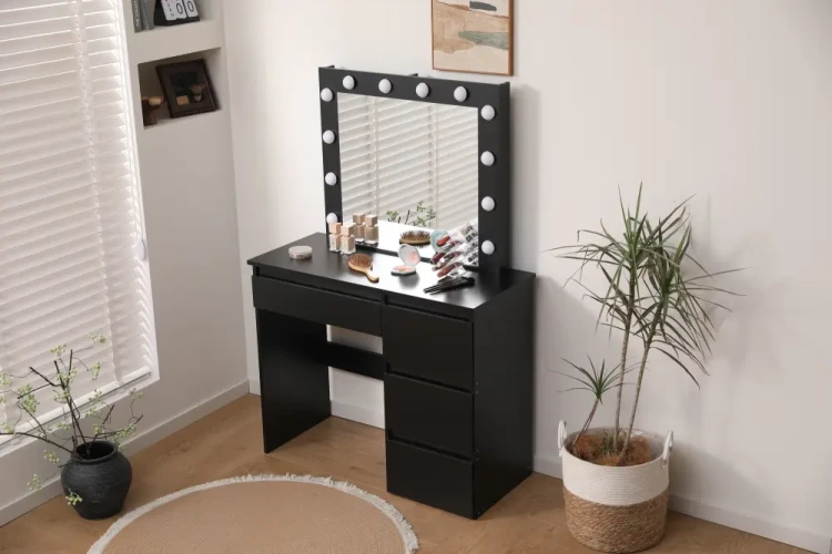 Toaletka kosmetyczna DT06 z oświetleniem LED, dużym lustrem i 4 szufladami czarna