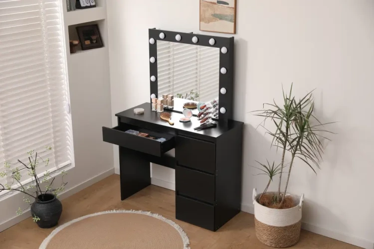 Toaletka kosmetyczna DT06 z oświetleniem LED, dużym lustrem i 4 szufladami czarna