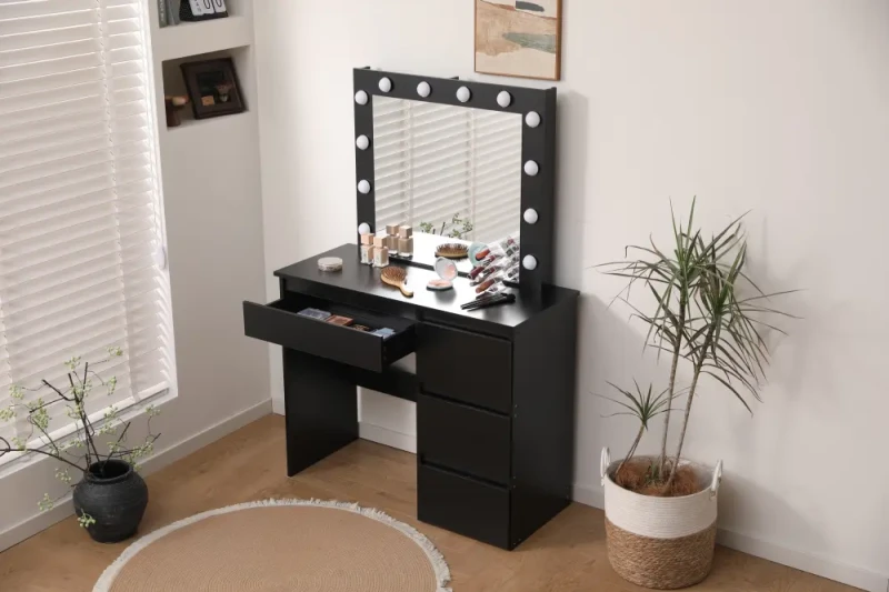 Toaletka kosmetyczna DT06 z oświetleniem LED, dużym lustrem i 4 szufladami czarna