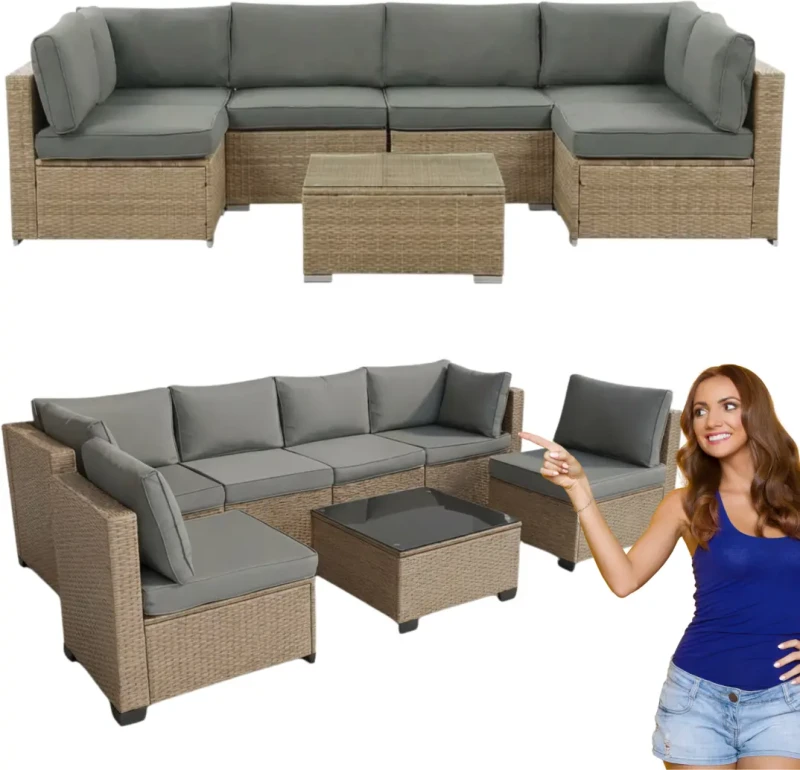 Zestaw mebli ogrodowych technorattan XL2501 narożnik stolik naturalny z szarymi poduszkami