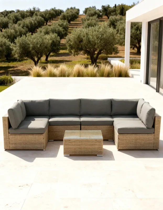 Zestaw mebli ogrodowych technorattan XL2501 narożnik stolik naturalny z szarymi poduszkami