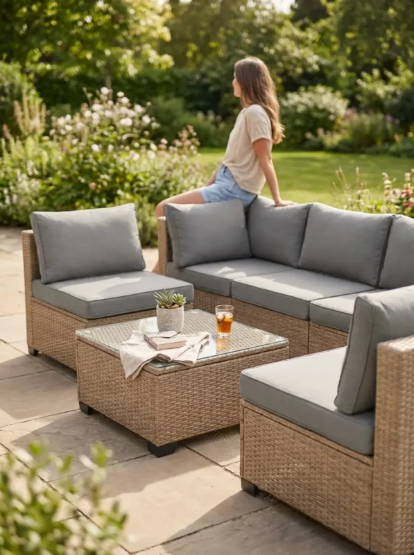 Zestaw mebli ogrodowych technorattan XL2501 narożnik stolik naturalny z szarymi poduszkami