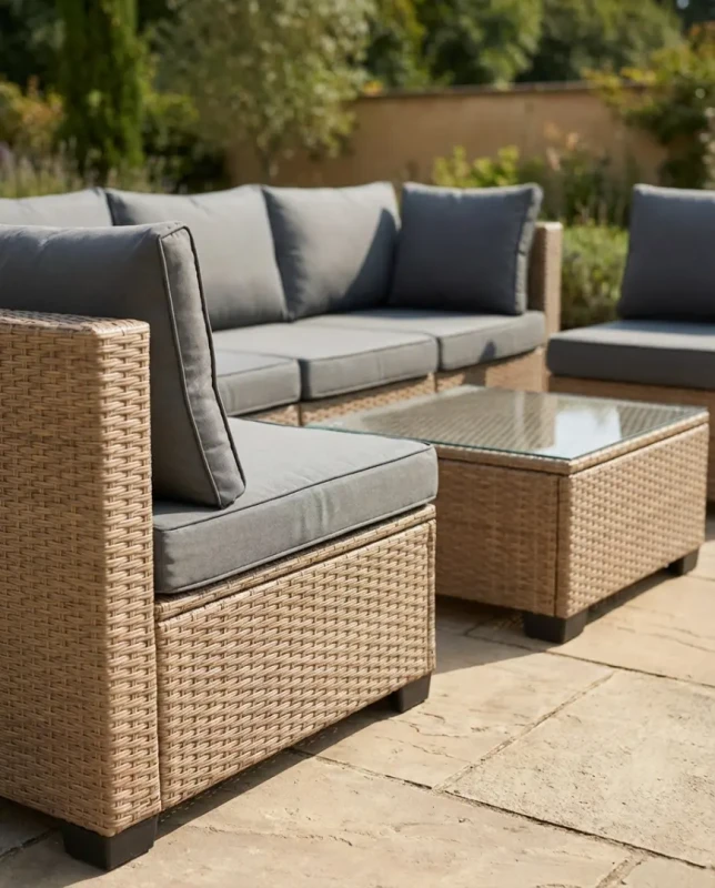 Zestaw mebli ogrodowych technorattan XL2501 narożnik stolik naturalny z szarymi poduszkami