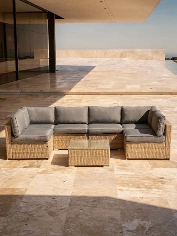 Zestaw mebli ogrodowych technorattan XL2501 narożnik stolik naturalny z szarymi poduszkami