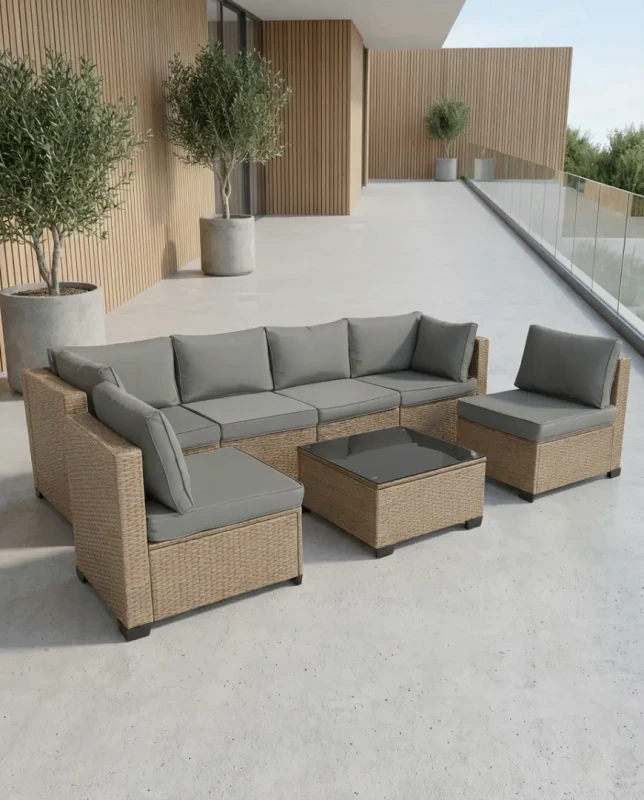 Zestaw mebli ogrodowych technorattan XL2501 narożnik stolik naturalny z szarymi poduszkami