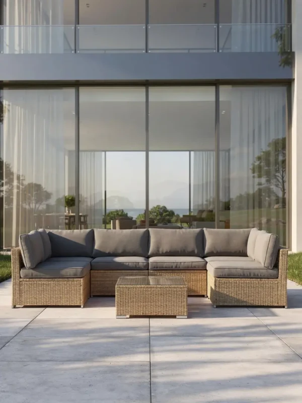 Zestaw mebli ogrodowych technorattan XL2501 narożnik stolik naturalny z szarymi poduszkami