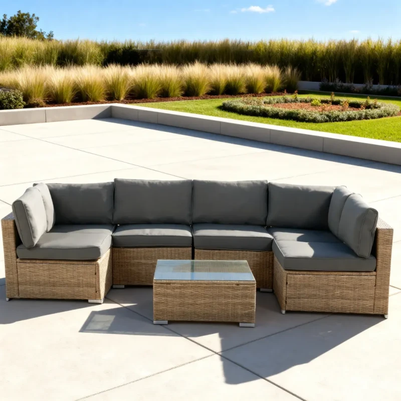 Zestaw mebli ogrodowych technorattan XL2501 narożnik stolik naturalny z szarymi poduszkami