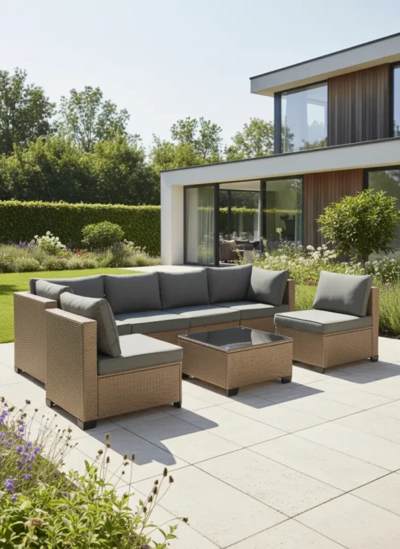 Zestaw mebli ogrodowych technorattan XL2501 narożnik stolik naturalny z szarymi poduszkami