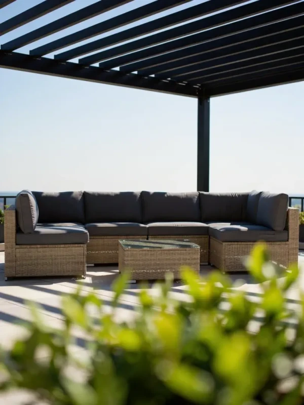 Zestaw mebli ogrodowych technorattan XL2501 narożnik stolik naturalny z szarymi poduszkami