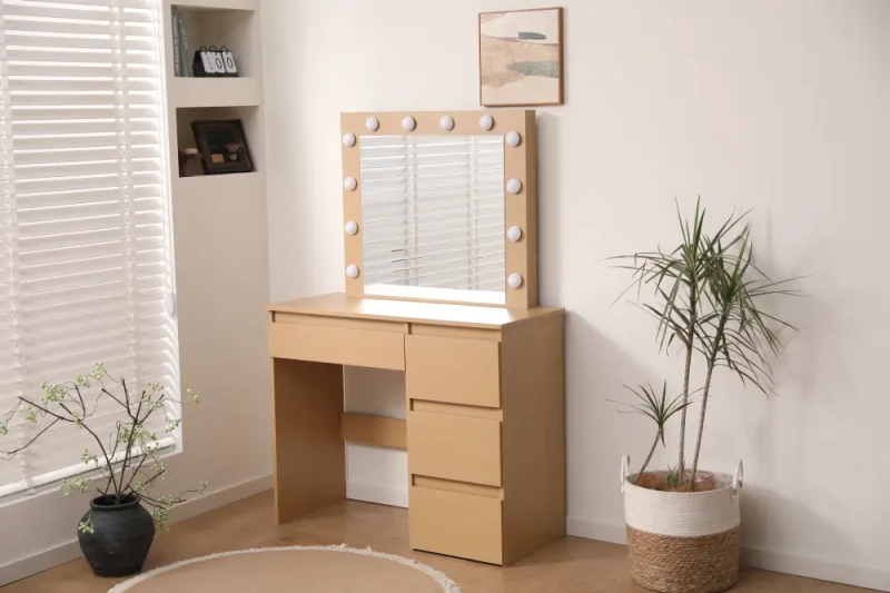 Toaletka DT07 z oświetleniem LED, dużym lustrem i 4 szufladami dąb