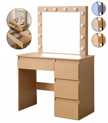 Toaletka DT07 z oświetleniem LED, dużym lustrem i 4 szufladami dąb