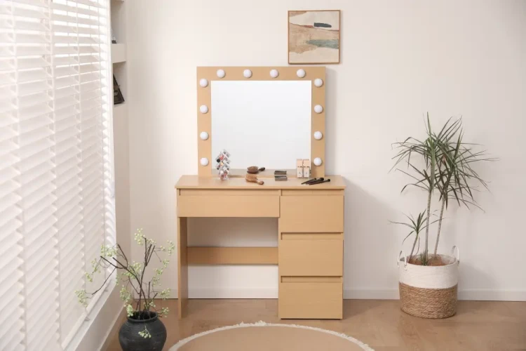 Toaletka DT07 z oświetleniem LED, dużym lustrem i 4 szufladami dąb