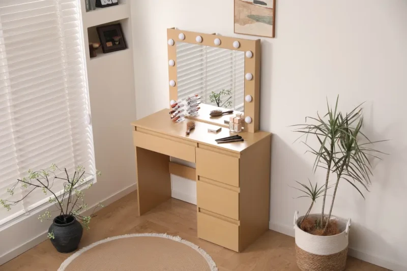 Toaletka DT07 z oświetleniem LED, dużym lustrem i 4 szufladami dąb