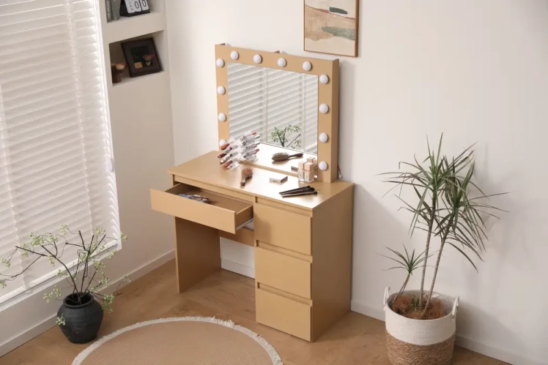 Toaletka DT07 z oświetleniem LED, dużym lustrem i 4 szufladami dąb