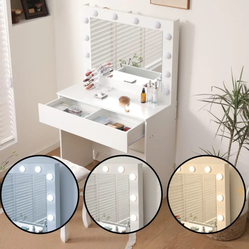 Toaletka DT09 LED biała z lustrem i szufladą do makijażu