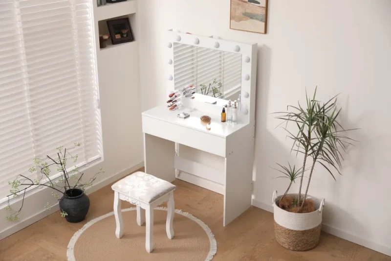 Toaletka DT09 LED biała z lustrem i szufladą do makijażu