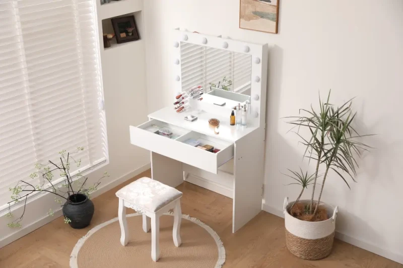 Toaletka DT09 LED biała z lustrem i szufladą do makijażu