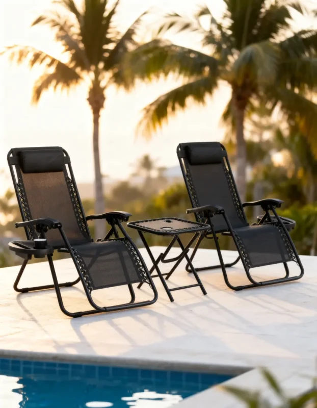 Zestaw 2 leżaków ogrodowych ze stolikiem TDC-2503 czarny składany regulowany