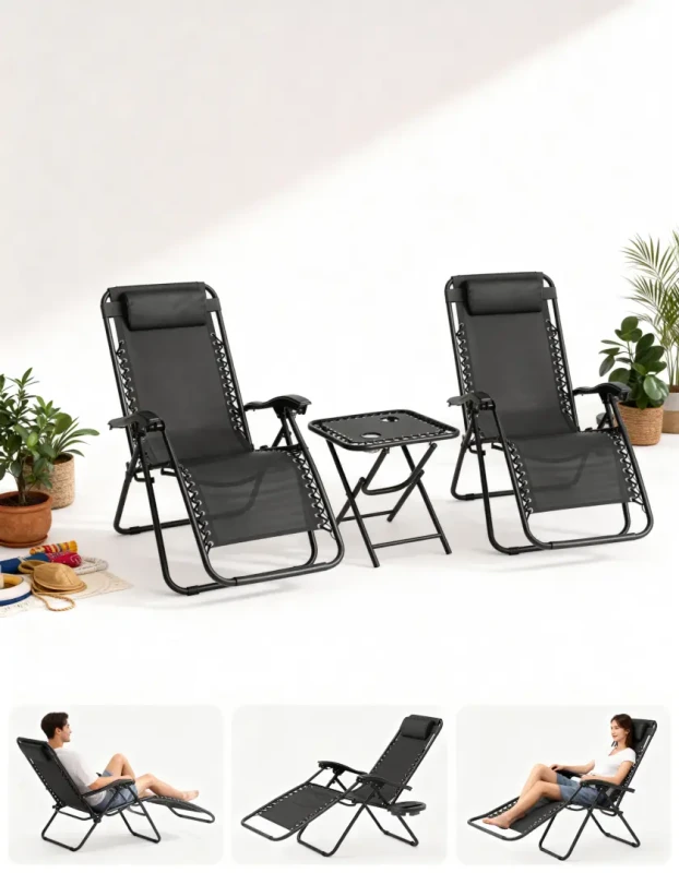 Zestaw 2 leżaków ogrodowych ze stolikiem TDC-2503 czarny składany regulowany