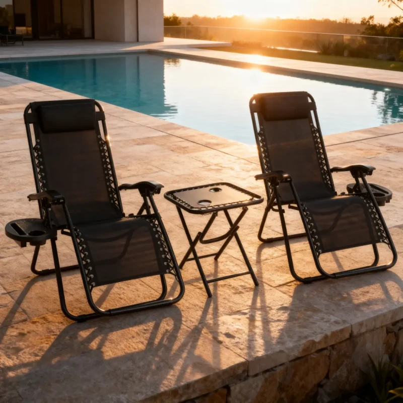 Zestaw 2 leżaków ogrodowych ze stolikiem TDC-2503 czarny składany regulowany