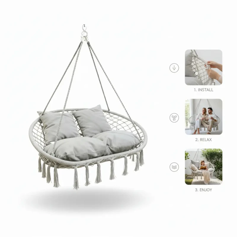 Fotel wiszący bocianie gniazdo dwuosobowe HC2502-LG jasny szary do ogrodu i wnętrz