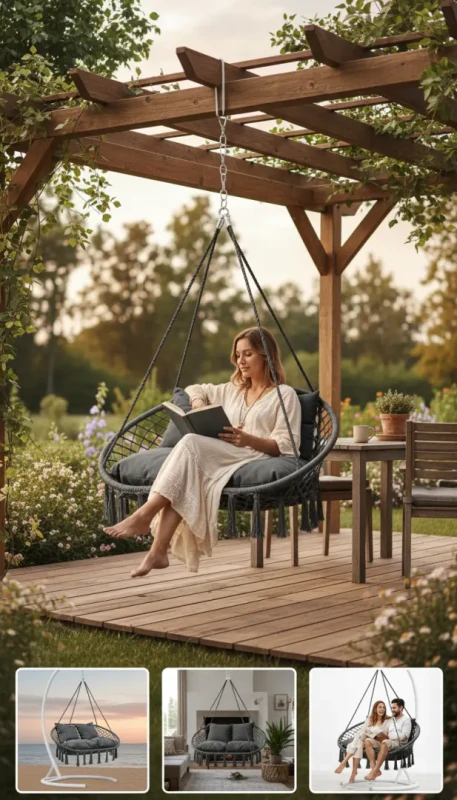 Fotel wiszący bocianie gniazdo dwuosobowy szary HC2502-GR do ogrodu i domu