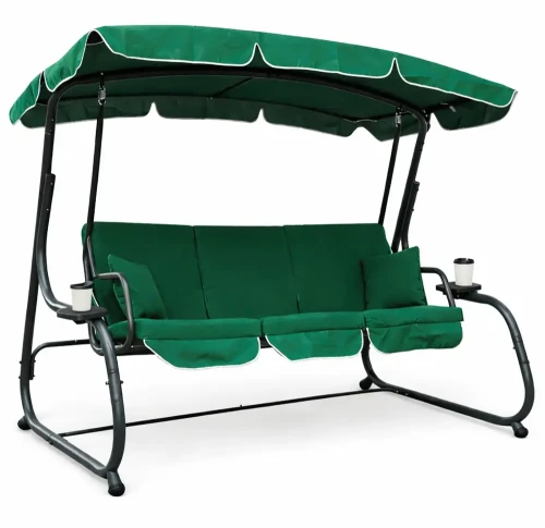 Huśtawka ogrodowa rozkładana 3-osobowa XXL zielona 4026 z daszkiem i podstawką na napój
