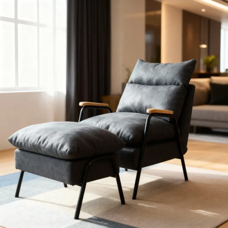 Fotel wypoczynkowy z podnóżkiem LGFS01-BG czarno-szary, regulowany fotel relaksacyjny w stylu loft
