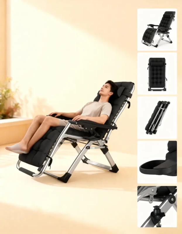 Leżak ogrodowy rozkładany TDC01-BK czarny z poduszką i podgłówkiem