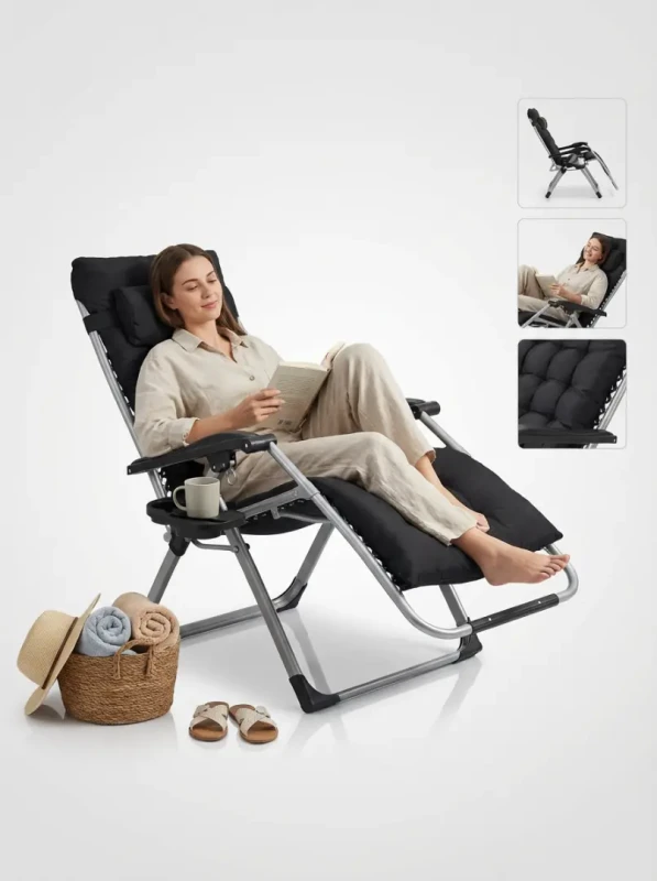 Leżak ogrodowy rozkładany TDC01-BK czarny z poduszką i podgłówkiem