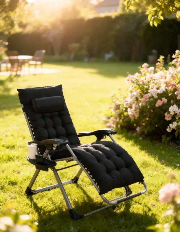 Leżak ogrodowy rozkładany TDC01-BK czarny z poduszką i podgłówkiem