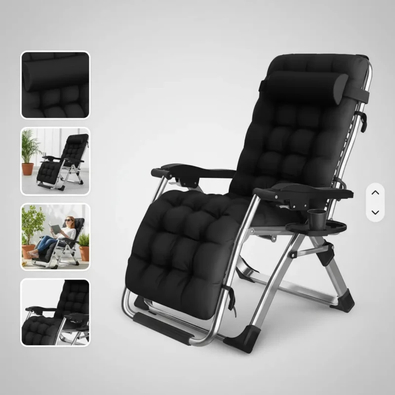 Leżak ogrodowy rozkładany TDC01-BK czarny z poduszką i podgłówkiem