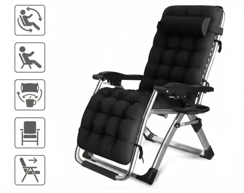 Leżak ogrodowy rozkładany TDC01-BK czarny z poduszką i podgłówkiem