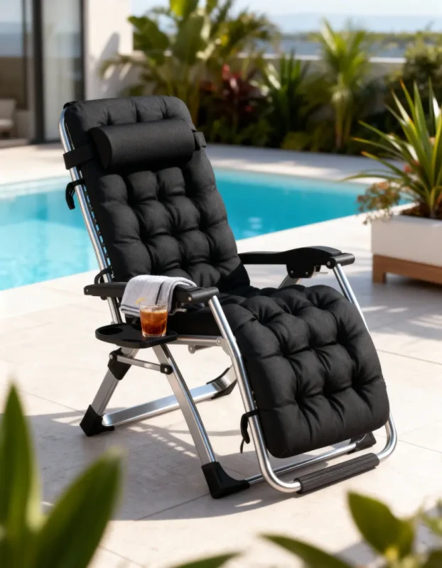 Leżak ogrodowy rozkładany TDC01-BK czarny z poduszką i podgłówkiem