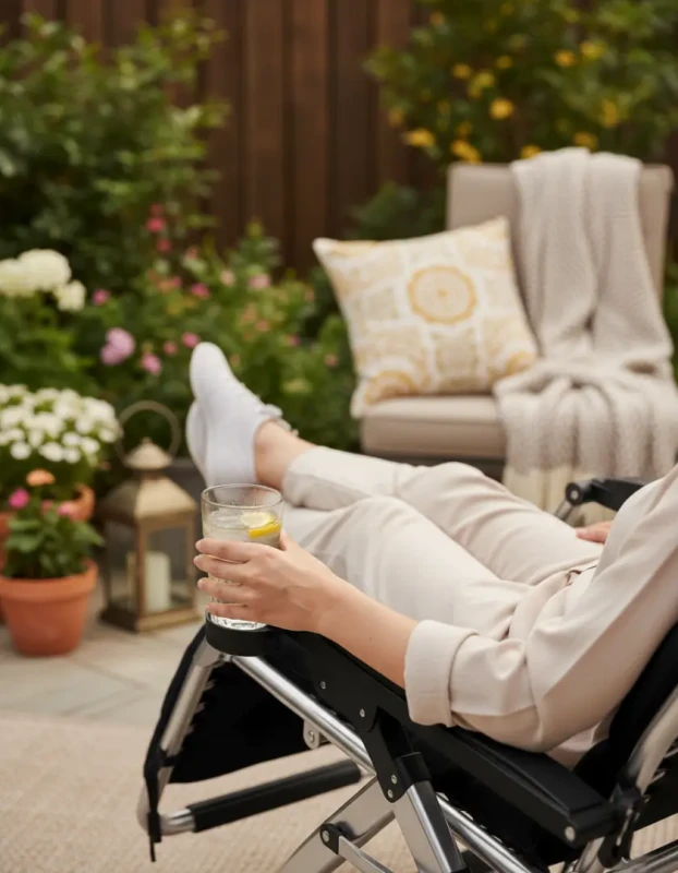 Leżak ogrodowy rozkładany TDC01-BK czarny z poduszką i podgłówkiem