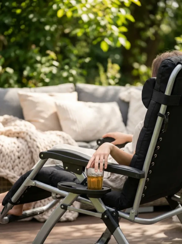 Leżak ogrodowy rozkładany TDC01-BK czarny z poduszką i podgłówkiem